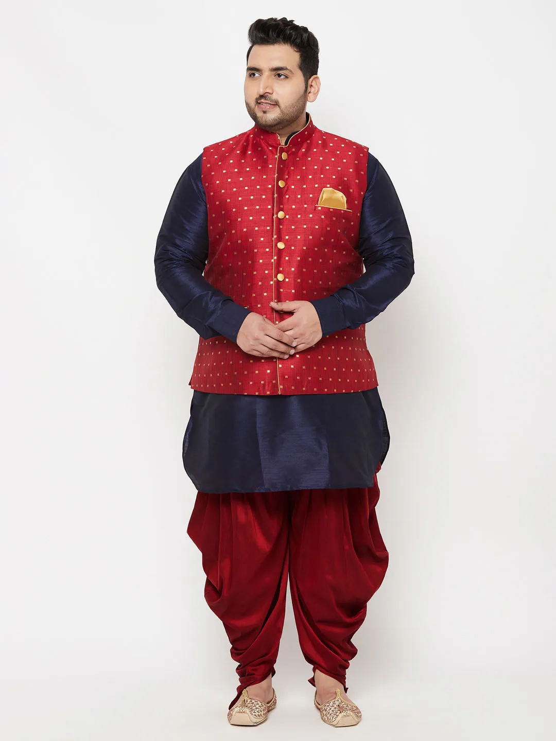 VASTRAMAY Men's Plus Size Gold Zari Weaved Nehru Jacket With Curved Kurta Dhoti set