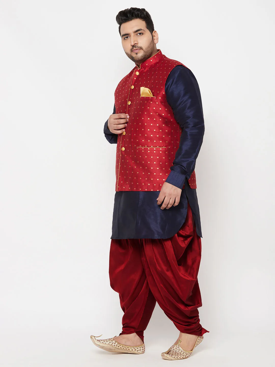 VASTRAMAY Men's Plus Size Gold Zari Weaved Nehru Jacket With Curved Kurta Dhoti set