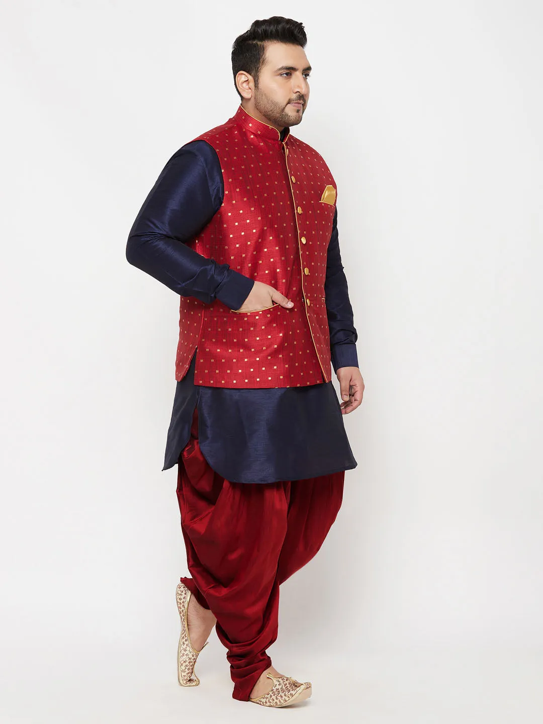 VASTRAMAY Men's Plus Size Gold Zari Weaved Nehru Jacket With Curved Kurta Dhoti set