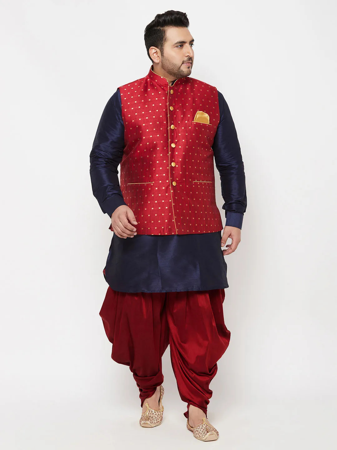 VASTRAMAY Men's Plus Size Gold Zari Weaved Nehru Jacket With Curved Kurta Dhoti set