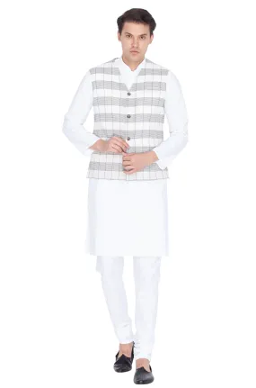 VASTRAMAY Men's White Cotton Kurta, Ethnic Jacket and Pyjama Set