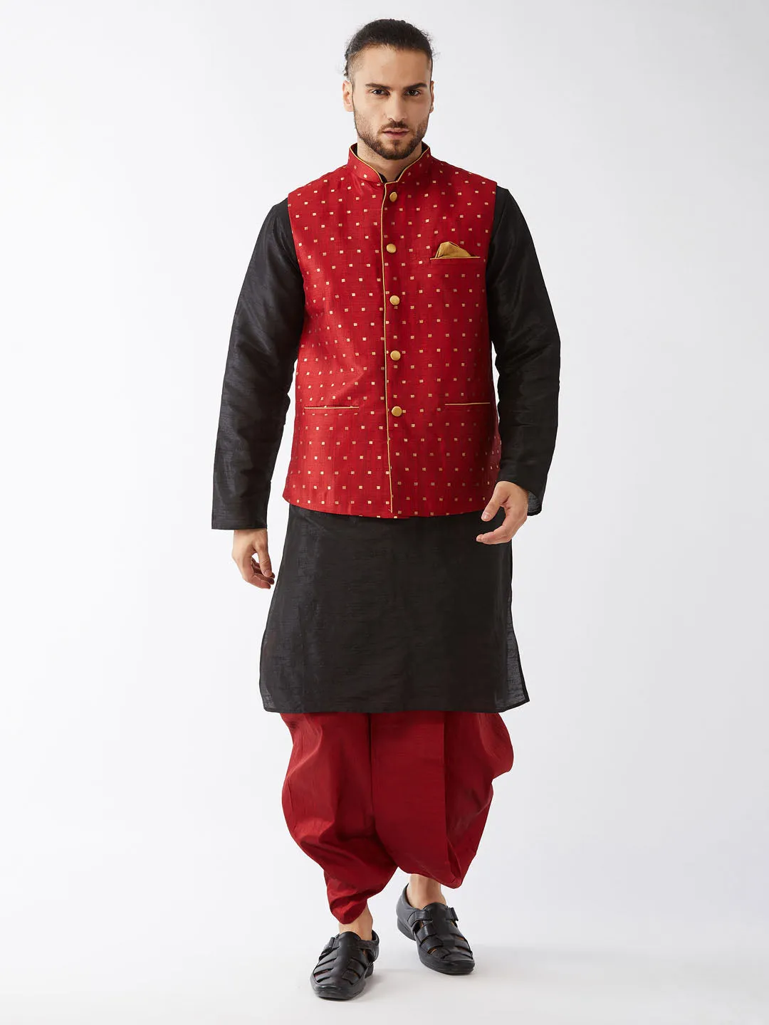 VM By VASTRAMAY Men's Maroon Zari Weaved Jacket With Kurta Dhoti Set