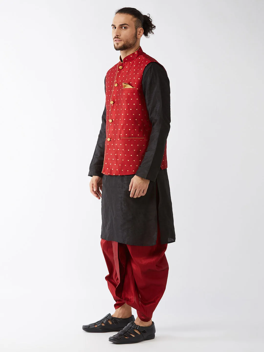 VM By VASTRAMAY Men's Maroon Zari Weaved Jacket With Kurta Dhoti Set