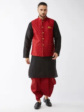 VM By VASTRAMAY Men's Maroon Zari Weaved Jacket With Kurta Dhoti Set