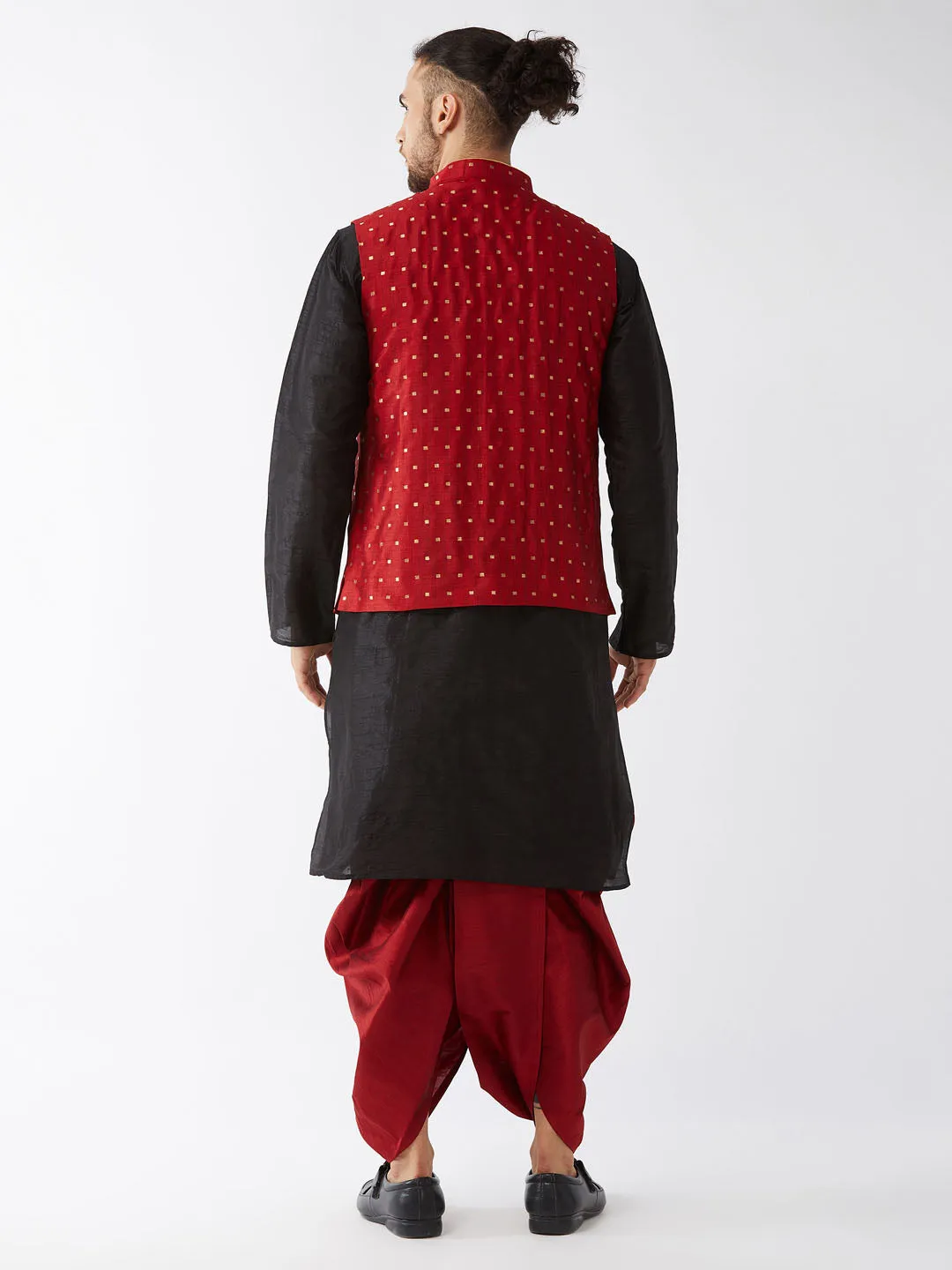 VM By VASTRAMAY Men's Maroon Zari Weaved Jacket With Kurta Dhoti Set