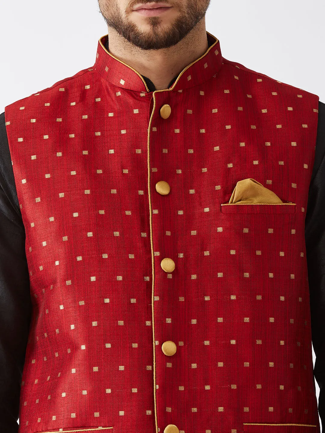 VM By VASTRAMAY Men's Maroon Zari Weaved Jacket With Kurta Dhoti Set