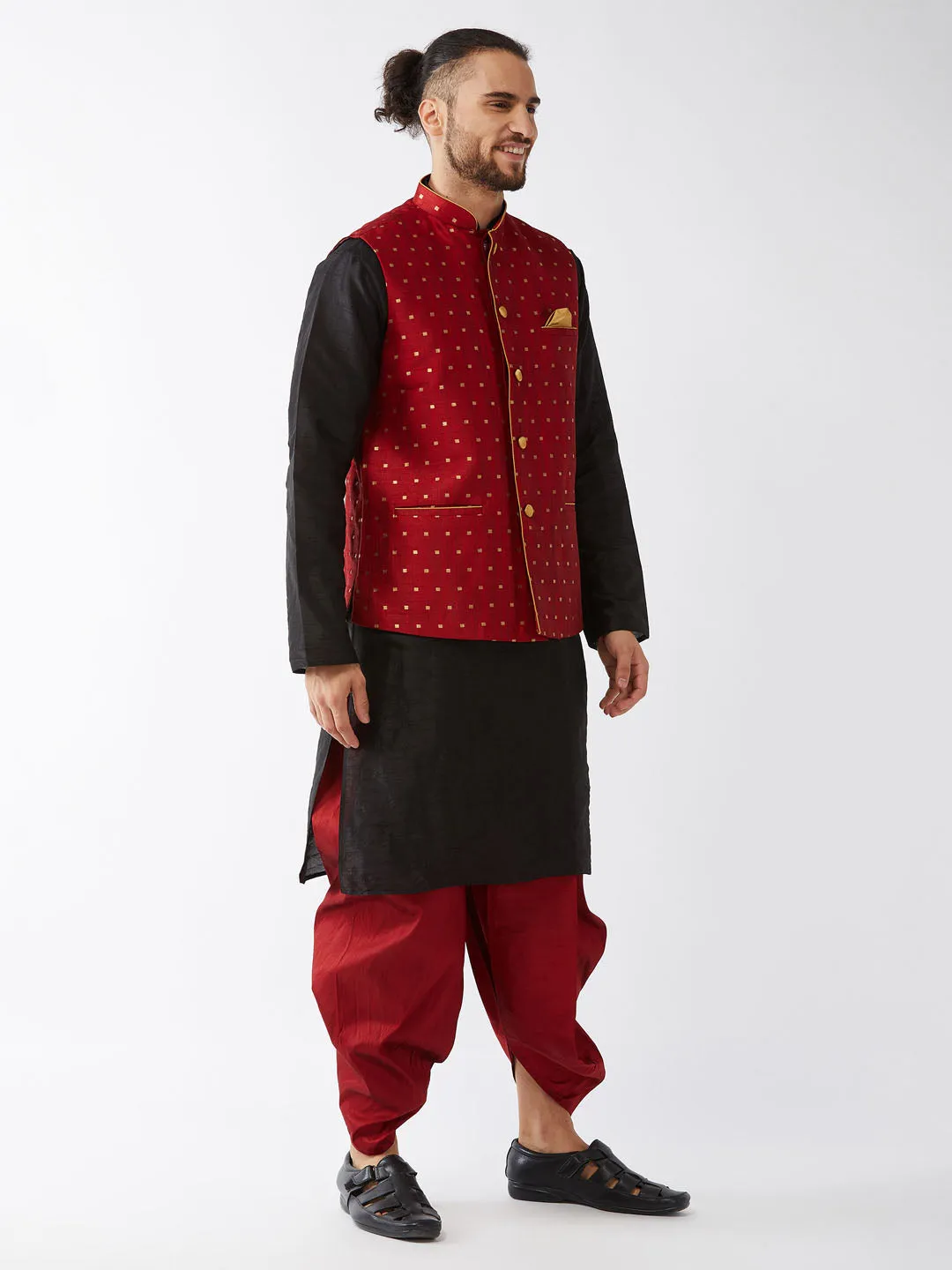 VM By VASTRAMAY Men's Maroon Zari Weaved Jacket With Kurta Dhoti Set