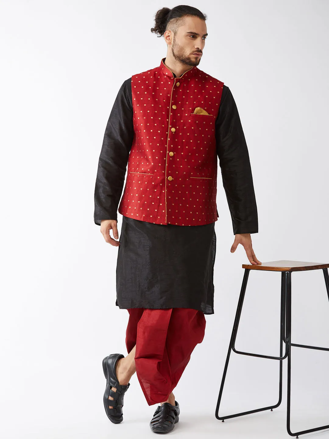 VM By VASTRAMAY Men's Maroon Zari Weaved Jacket With Kurta Dhoti Set