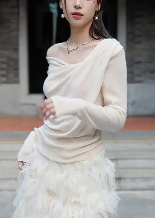 Women Apricot Solid Asymmetrical Cotton Knit Blouse Spring CG1054