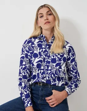 Women's Long Sleeve Floral Print Linen Blend Shirt in Blue and White from Crew Clothing Company