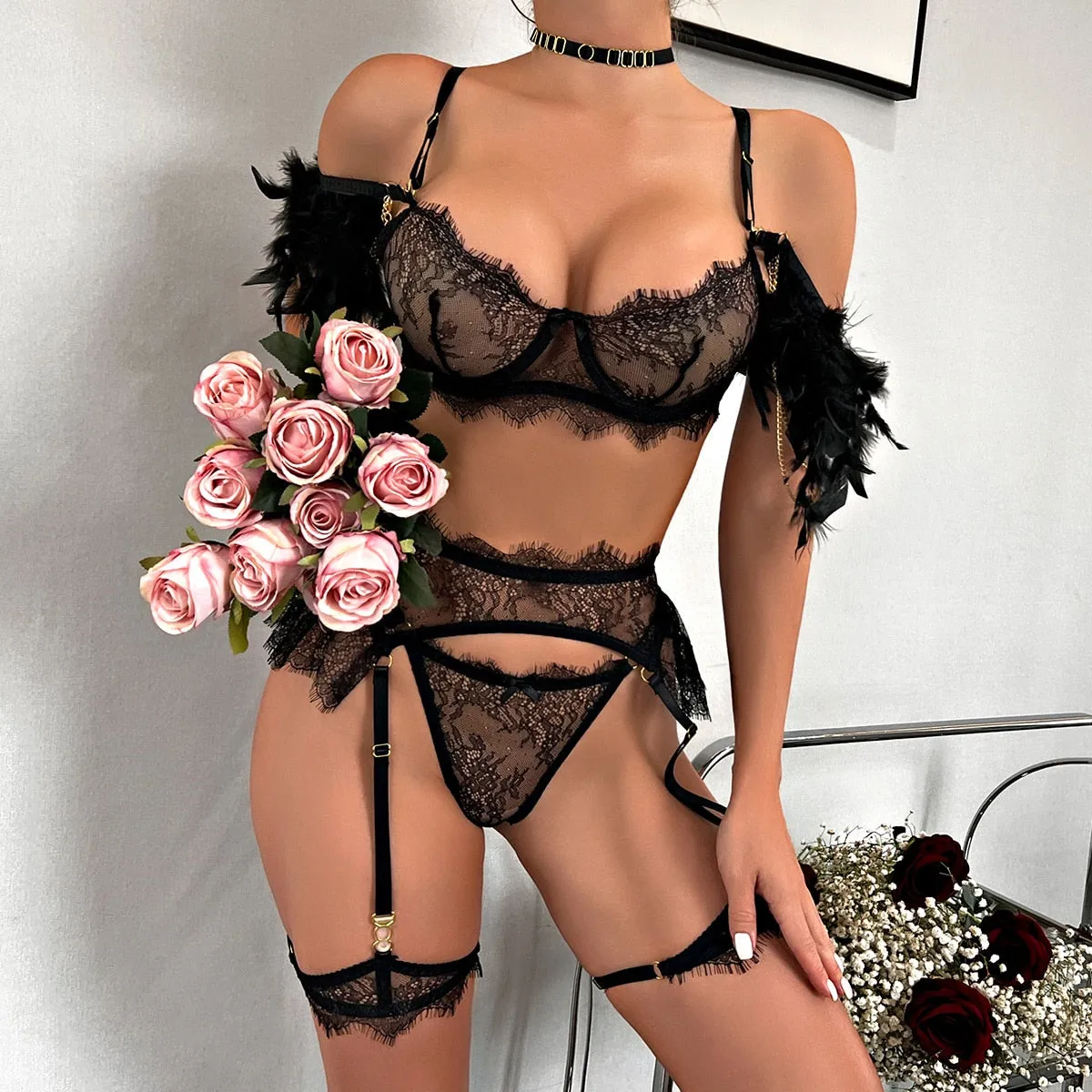 Women's Sexy Erotic Feather Lace Bra and Panty 5pc Lingerie Gauntlets Set