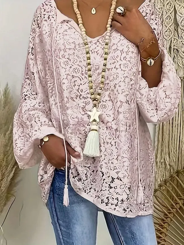 Women's V-Neck Long Sleeve Lace-Up Blouse