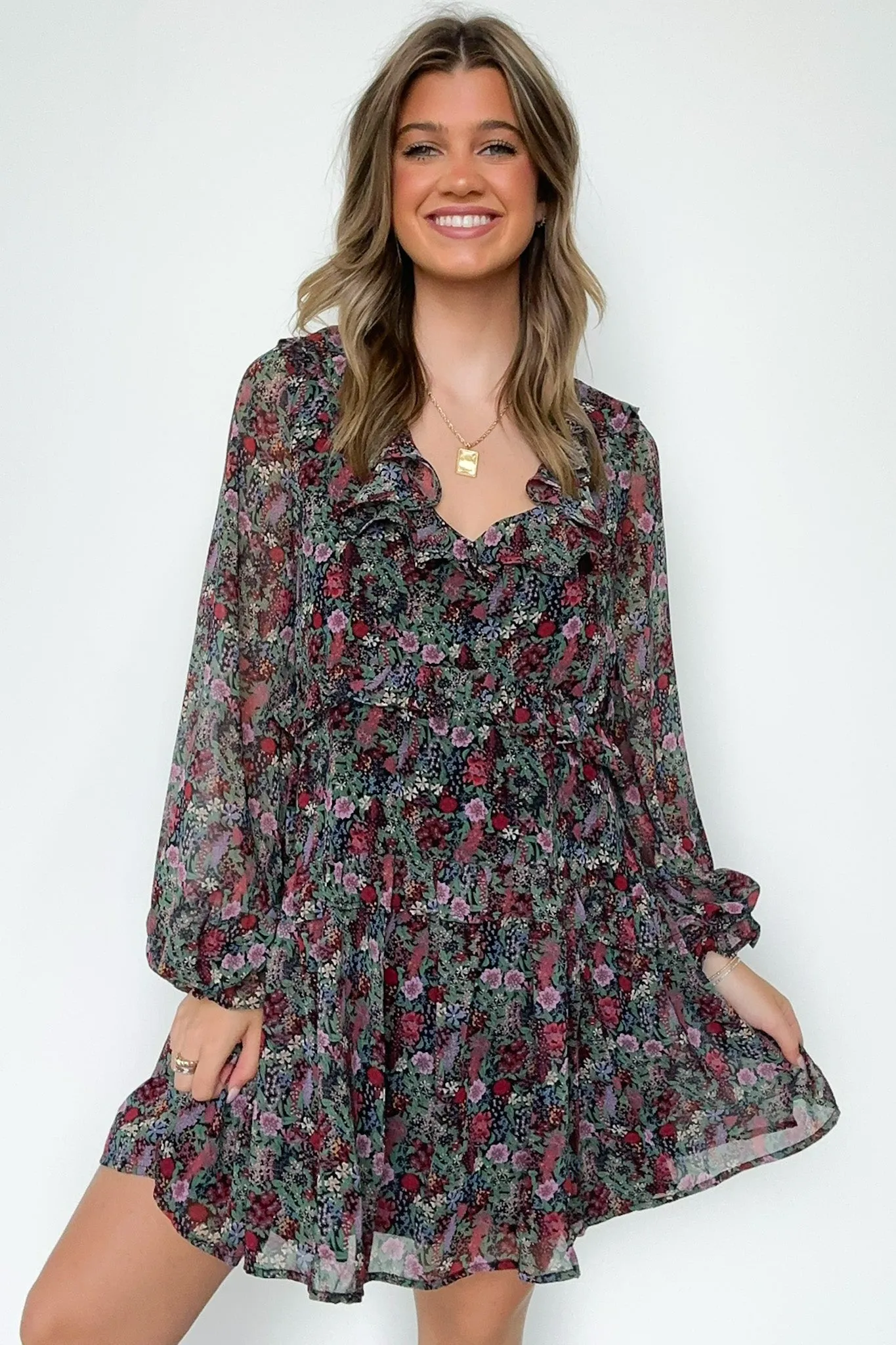 Wonderful Bliss Long Sleeve Floral Ruffle Dress