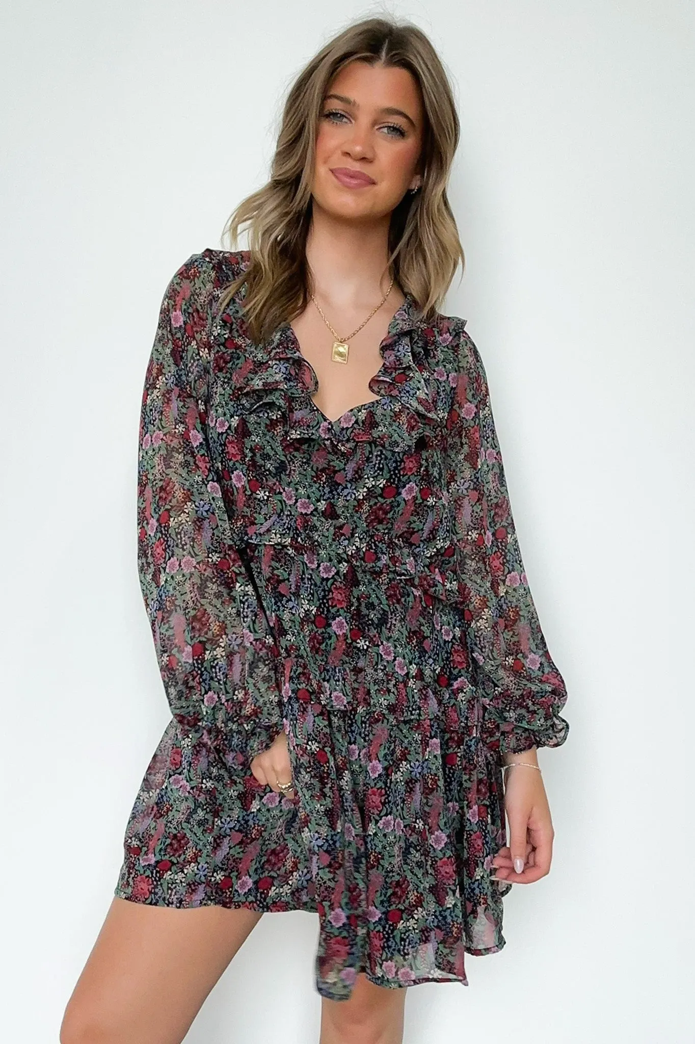 Wonderful Bliss Long Sleeve Floral Ruffle Dress