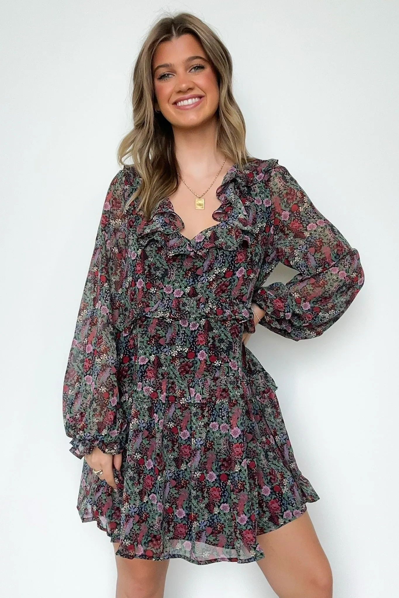 Wonderful Bliss Long Sleeve Floral Ruffle Dress