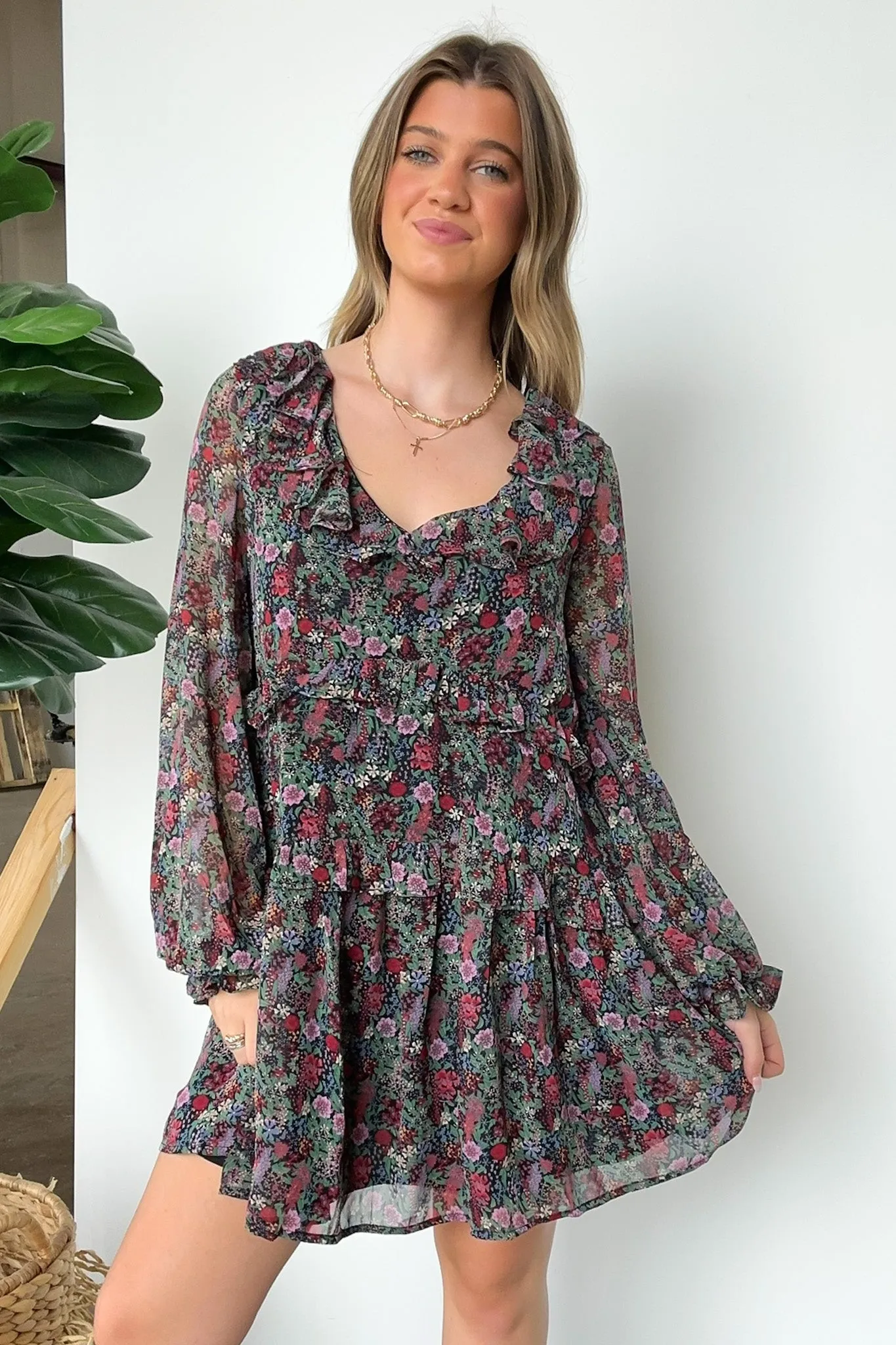 Wonderful Bliss Long Sleeve Floral Ruffle Dress