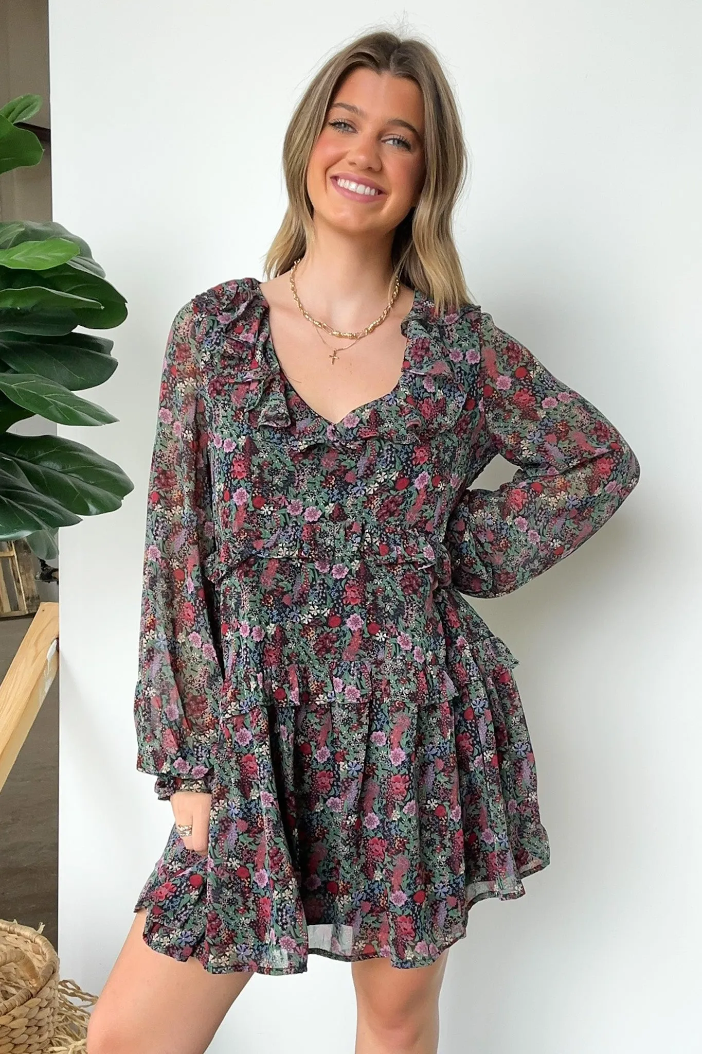 Wonderful Bliss Long Sleeve Floral Ruffle Dress